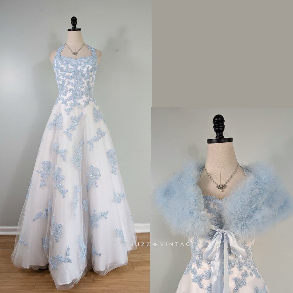 Vtg Jovani Prom Dress Maxi Gown 6 White Blue Y2K Fairy Princess Floral Wedding